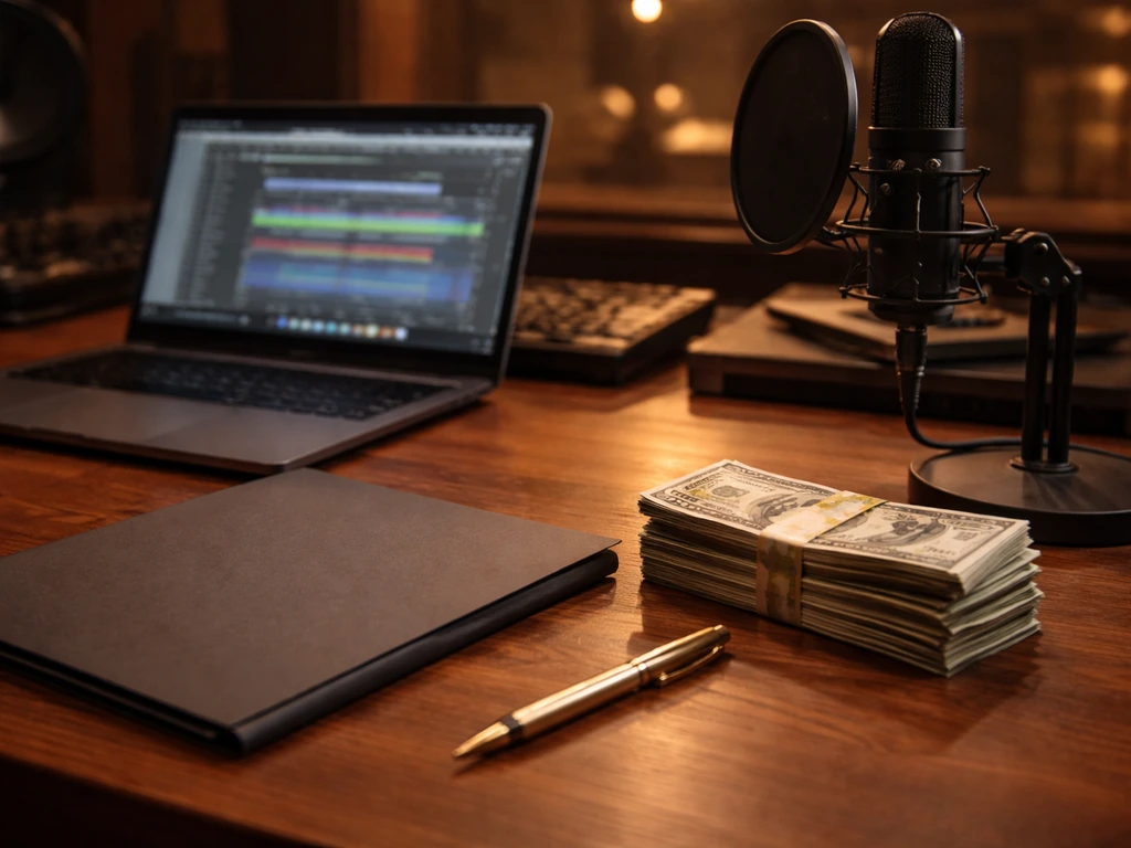 Music producer working in a studio beside cash and a contract folder, symbolic of upfront producer fees