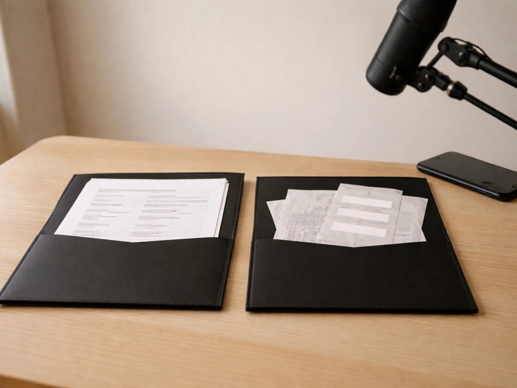 Clean studio desk with blank music credit sheets and obscured receipts side-by-side, symbolizing verified vs estimates.