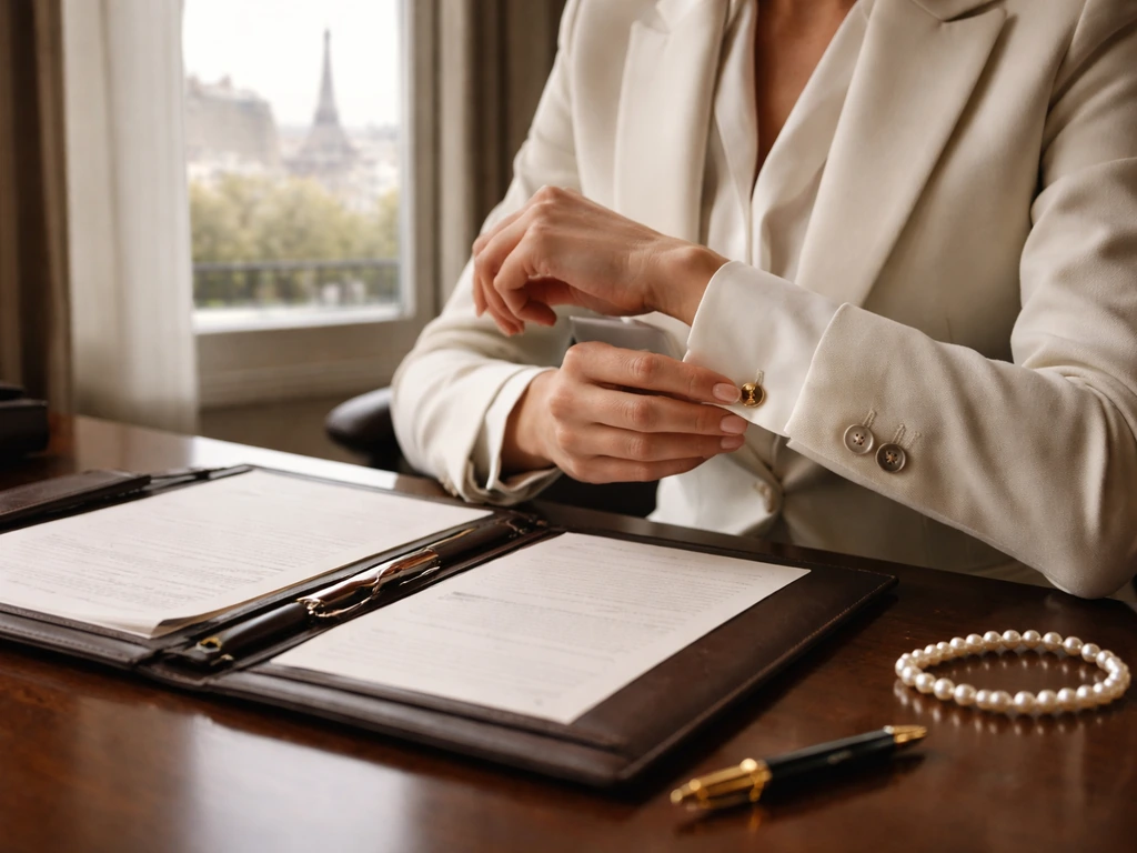 Elegant business office scene with a blurred skyline and luxury details symbolizing wealth and finance