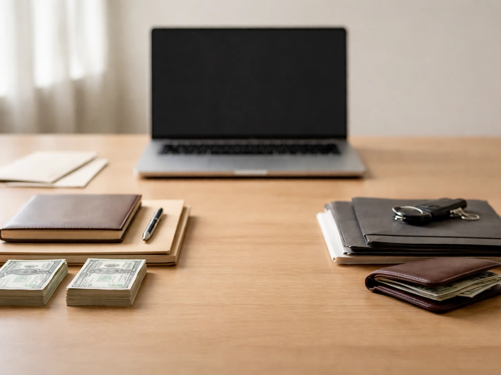Minimal photo of a business desk with cash and a laptop showing a financial document, symbolizing assets minus liabiliti