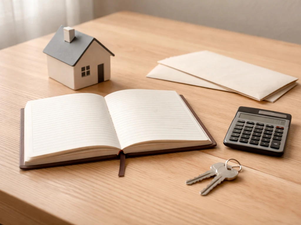 Minimal desk scene with a calculator and blank ledger symbolizing assets minus liabilities for net worth.