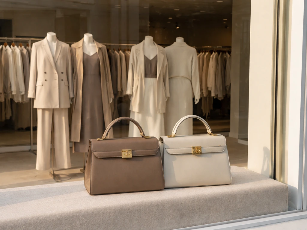 Minimal designer boutique window with two matching handbags and elegant clothing racks, twin-like fashion theme
