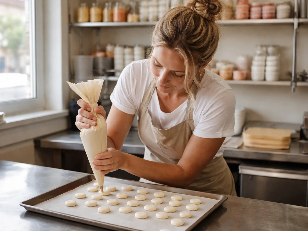 Anonymous baker piping pastel macarons in a small, sunlit Atlanta-style kitchen.