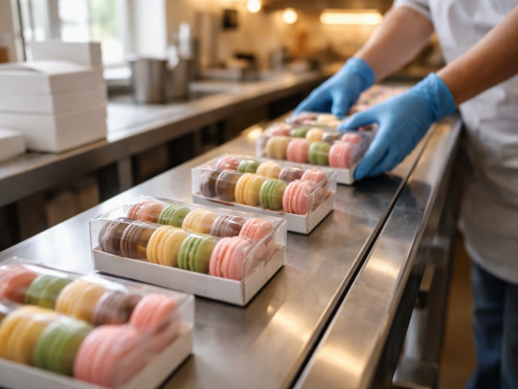 Fresh macarons packed on a production line conveyor, suggesting daily output and business value