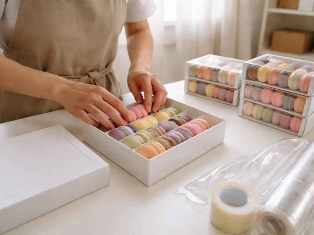 Anonymous hands assembling pastel macaron gift boxes on a clean table for direct-to-consumer shipment.