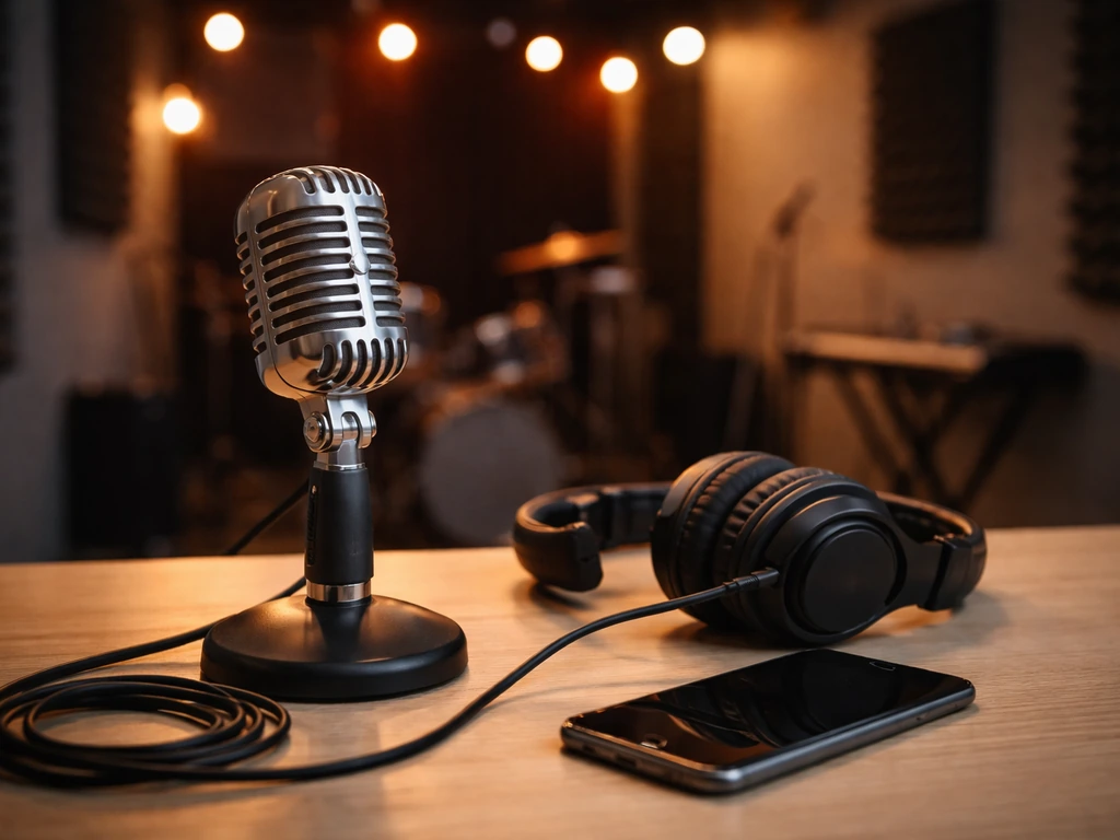 Torso-up view of a vintage music microphone on a studio desk with warm lights, suggesting an electropop performance