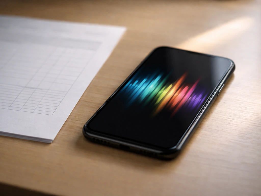Minimal close-up of a smartphone showing streaming-style bars and a blank royalty statement on a desk.