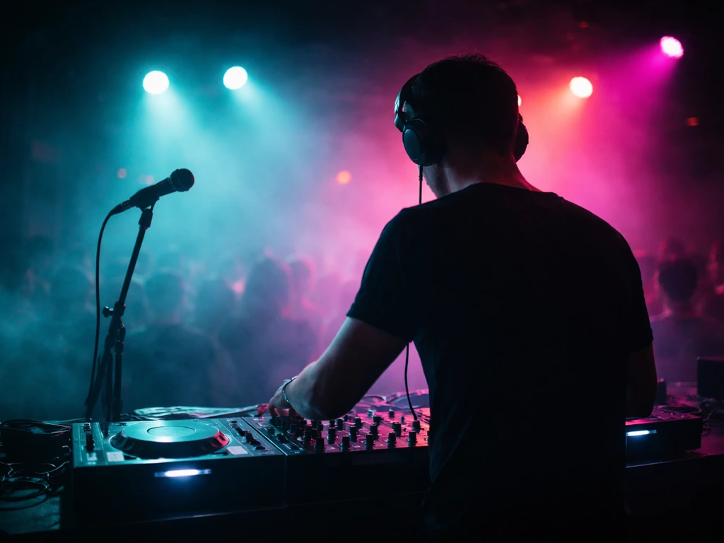 A lone DJ performing on stage with a glowing “Hello” style light wash and mixing console in a dim club