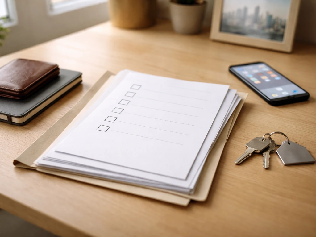 Minimal office scene with a checklist-style folder, smartphone, and documents representing net worth verification.