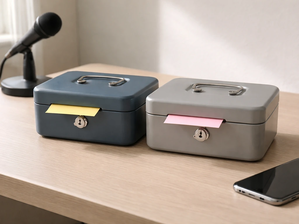 Two cash boxes on a desk beside a phone and microphone, symbolizing distorted net-worth comparisons.