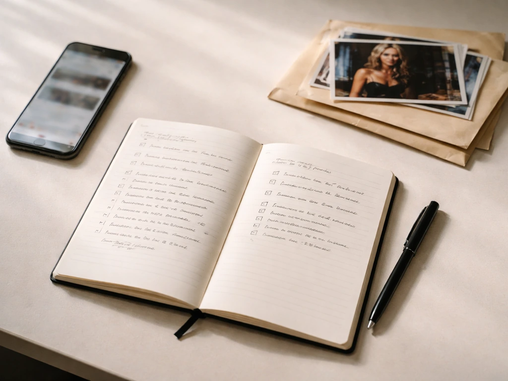 Overhead desk scene with an open notebook and pen, symbolizing a net-worth research plan for an actress.