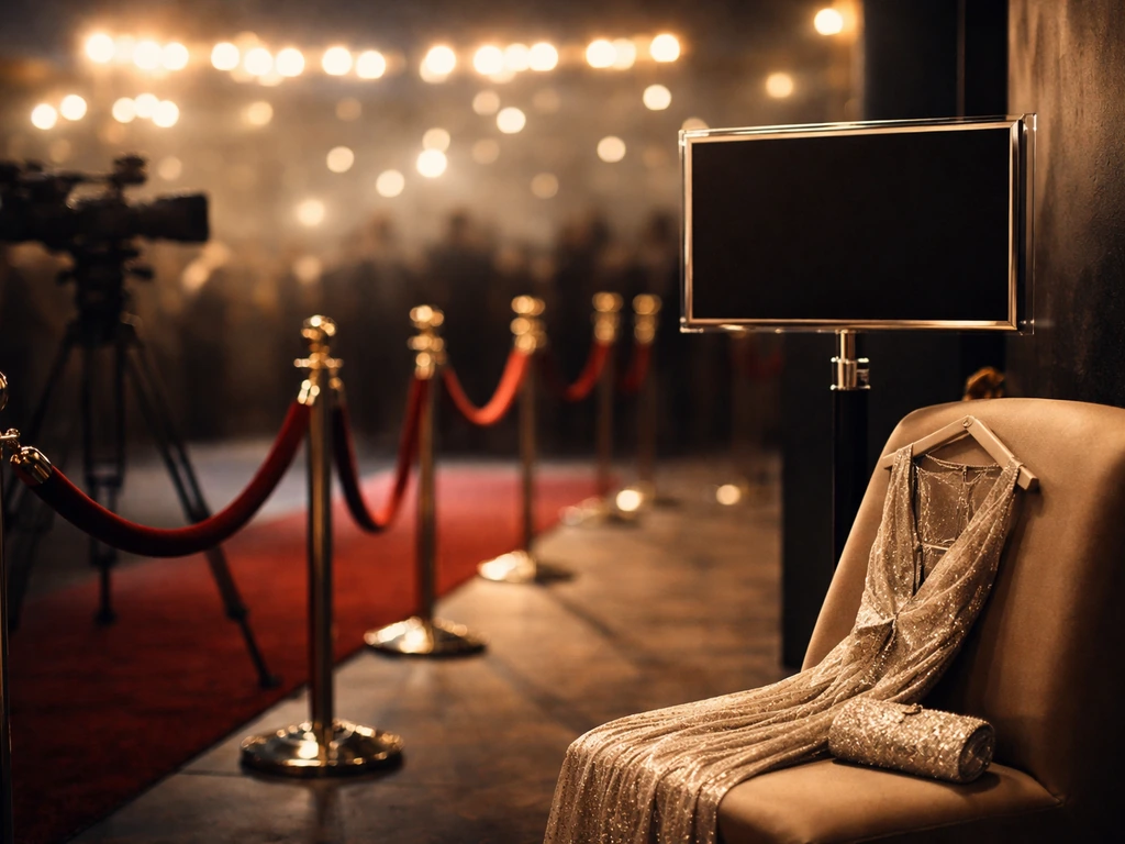 Red-carpet event entrance with velvet ropes and a formal clutch, symbolizing elite entertainment wealth.