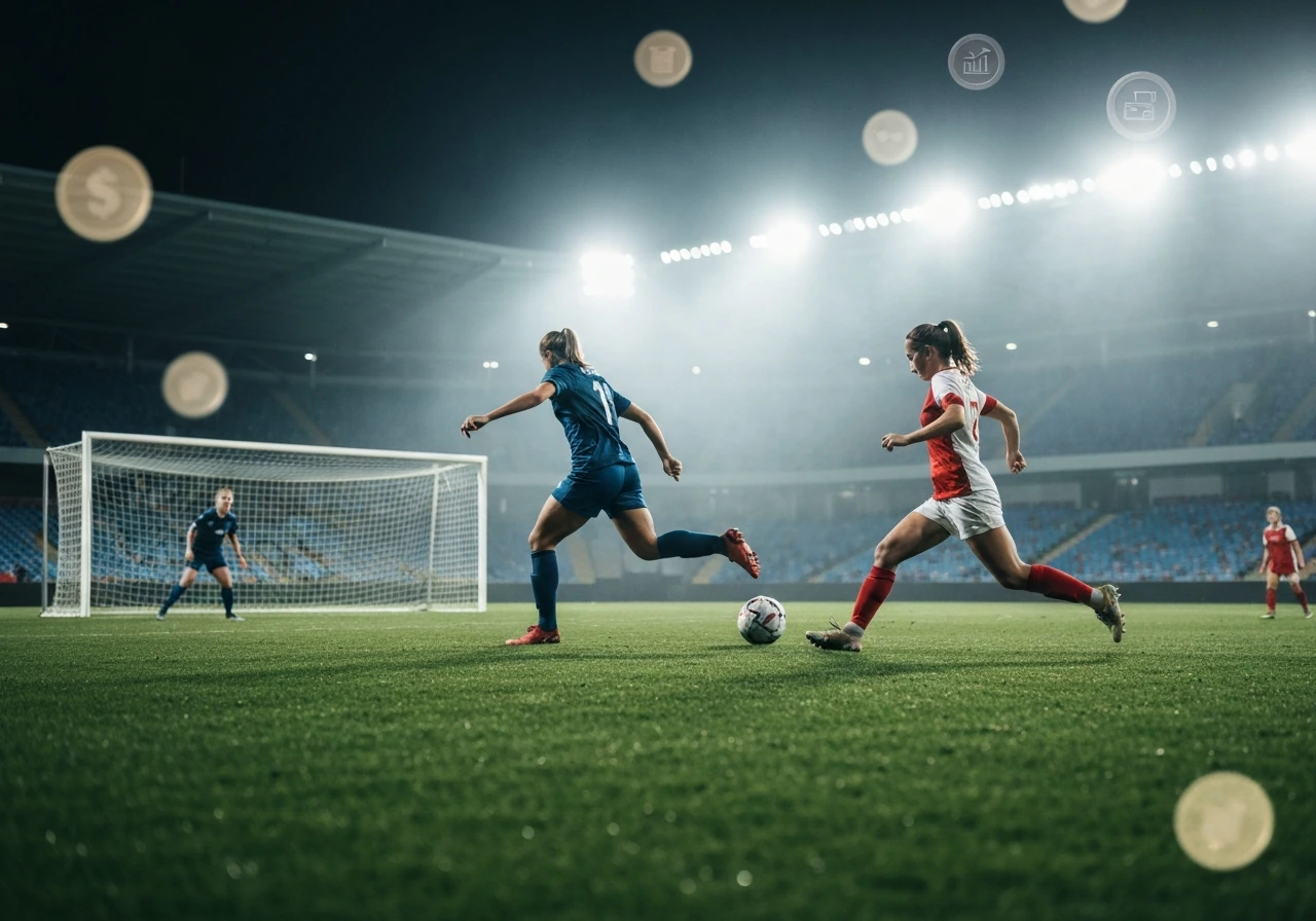Women’s Premier League match action under stadium lights with subtle finance-like ambiance