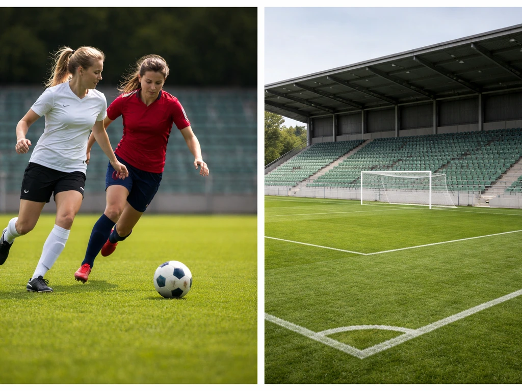 Minimal soccer scene: women’s match action with an empty stadium and league-style pitch lines in frame