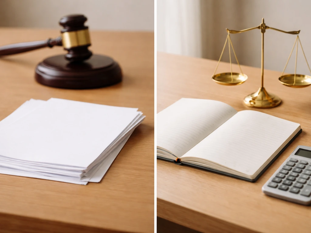 Split desk photo: auction gavel and blank contract papers on the left, blank notebook and calculator on the right.
