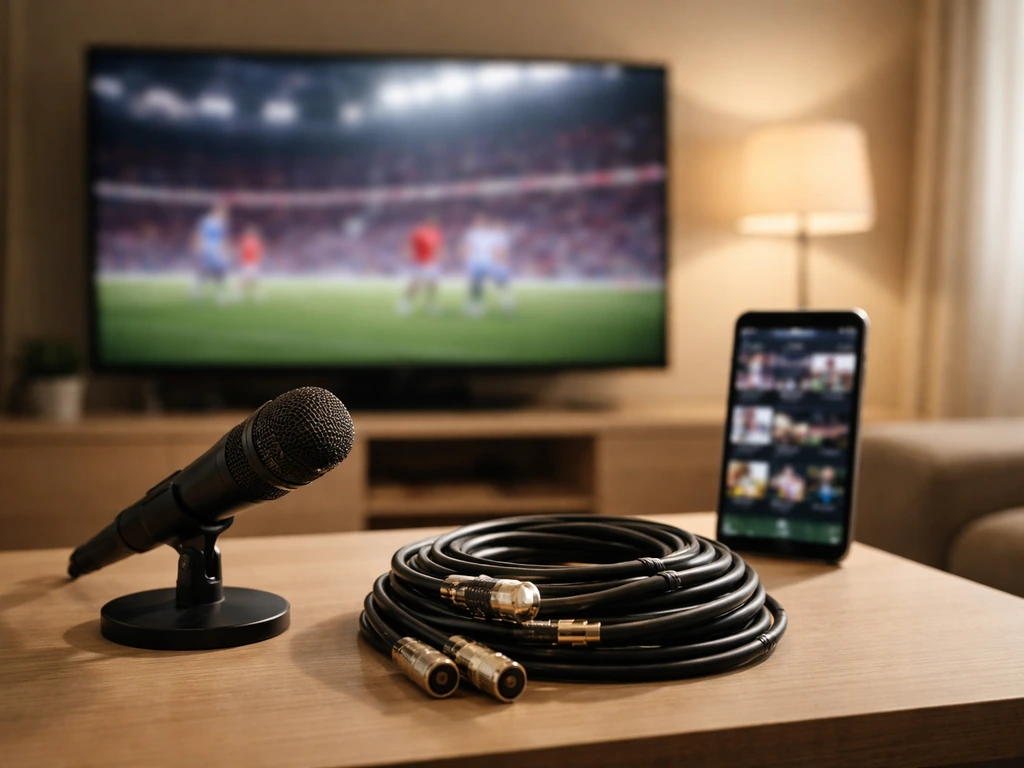 Minimal media setup with a TV and smartphone streaming blurred sports content, microphone and cables on a table.
