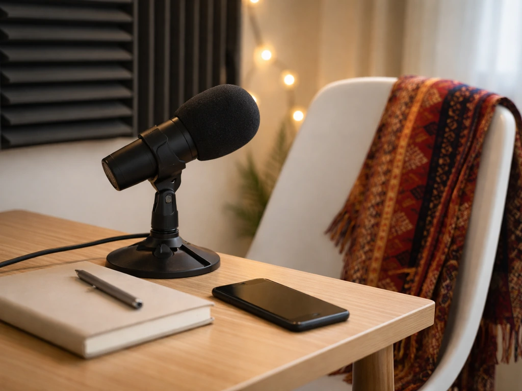 Close-up of a studio microphone on a desk with soft lights, symbolizing a rapper’s on-stage identity.