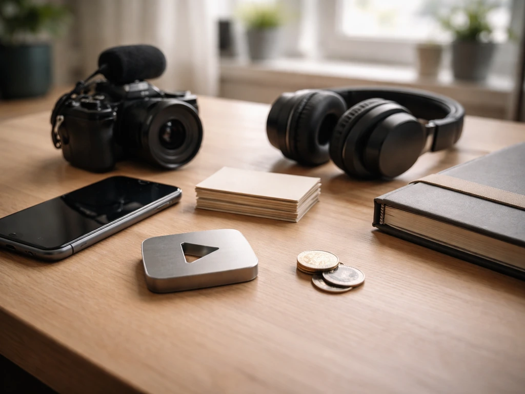 Minimal desk scene with a camera, smartphone, and scattered media gear suggesting multiple income streams