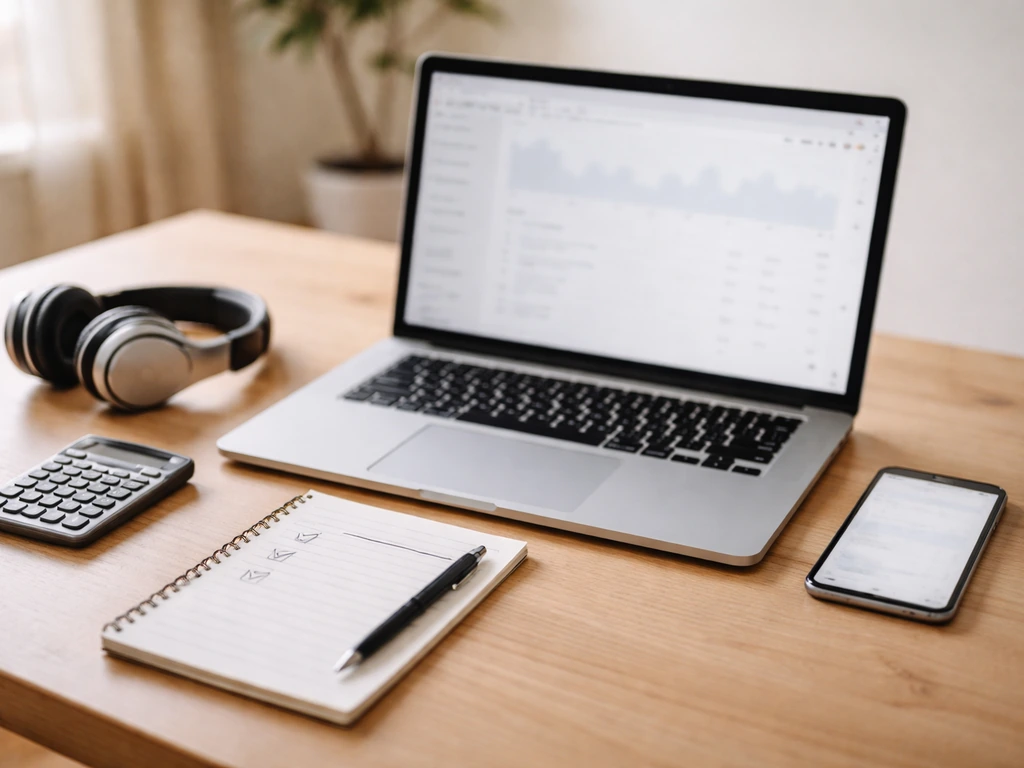 Minimal desk scene with laptop and phone showing generic analytics while checkmarks suggest verification steps.