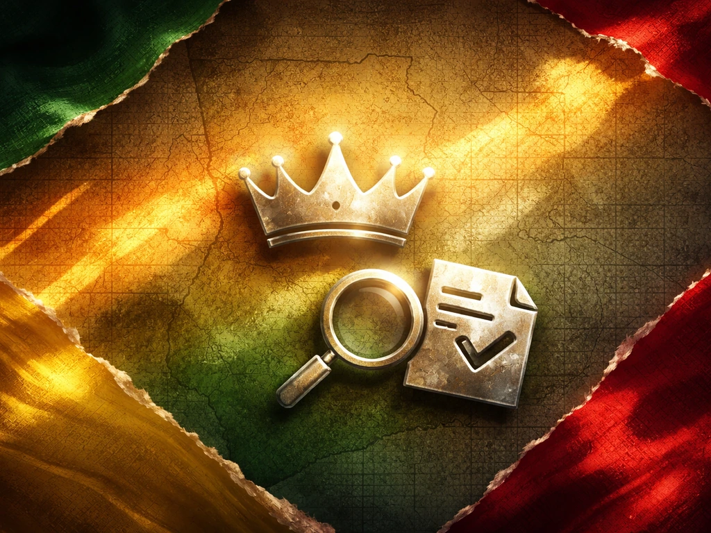 High-contrast Ghana-inspired collage showing a crown and magnifying glass verification icons, no people.