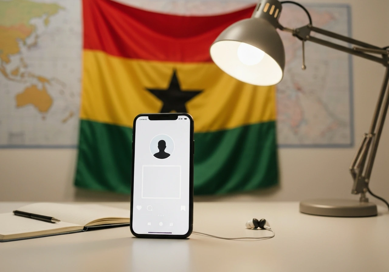 Minimal desk-and-studio scene with Ghana-inspired decor and a phone showing an anonymous social media profile style fram