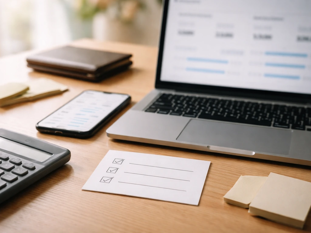 Desk photo with smartphone and laptop showing blurred follower/engagement stats and a simple checklist card.