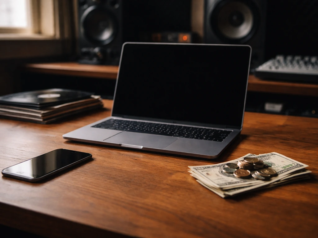 Minimal recording-studio desk with coins, money, vinyl, and a blank laptop suggesting revenue estimates.