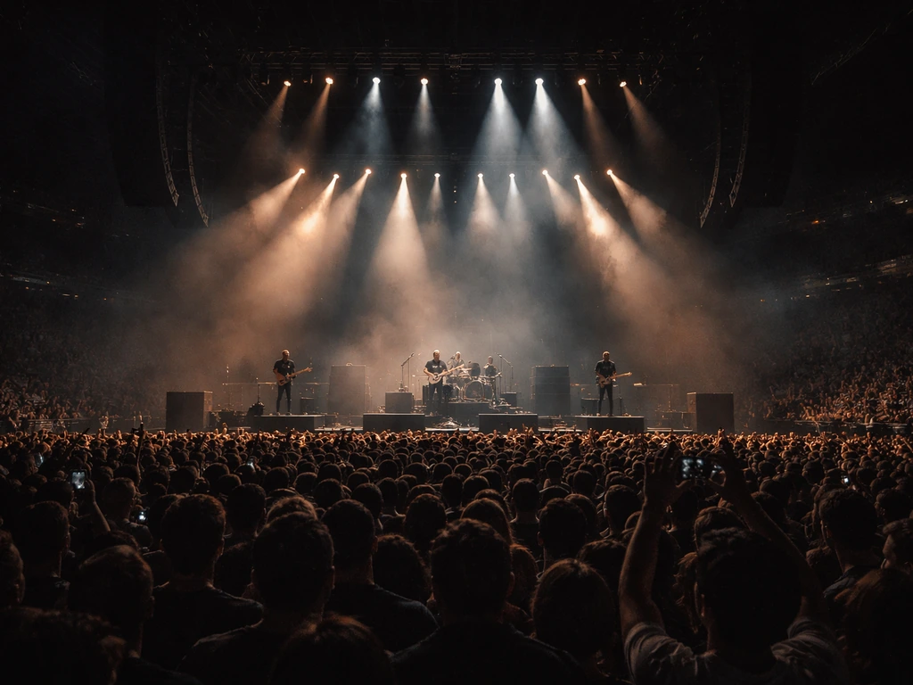 Arena stage performance with bright lights and a large crowd fading into the background.