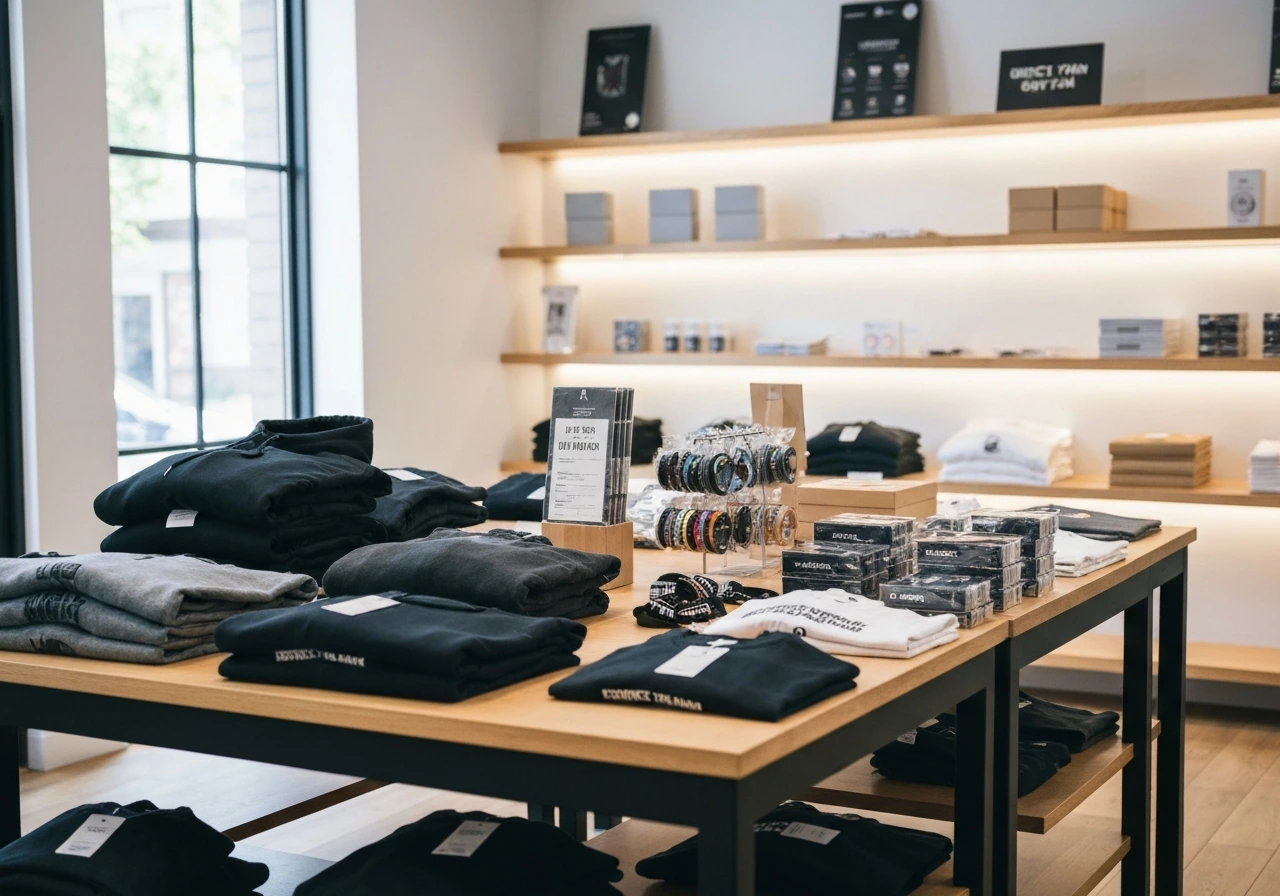 Minimal direct-to-fan merch storefront with tables displaying band apparel and official items