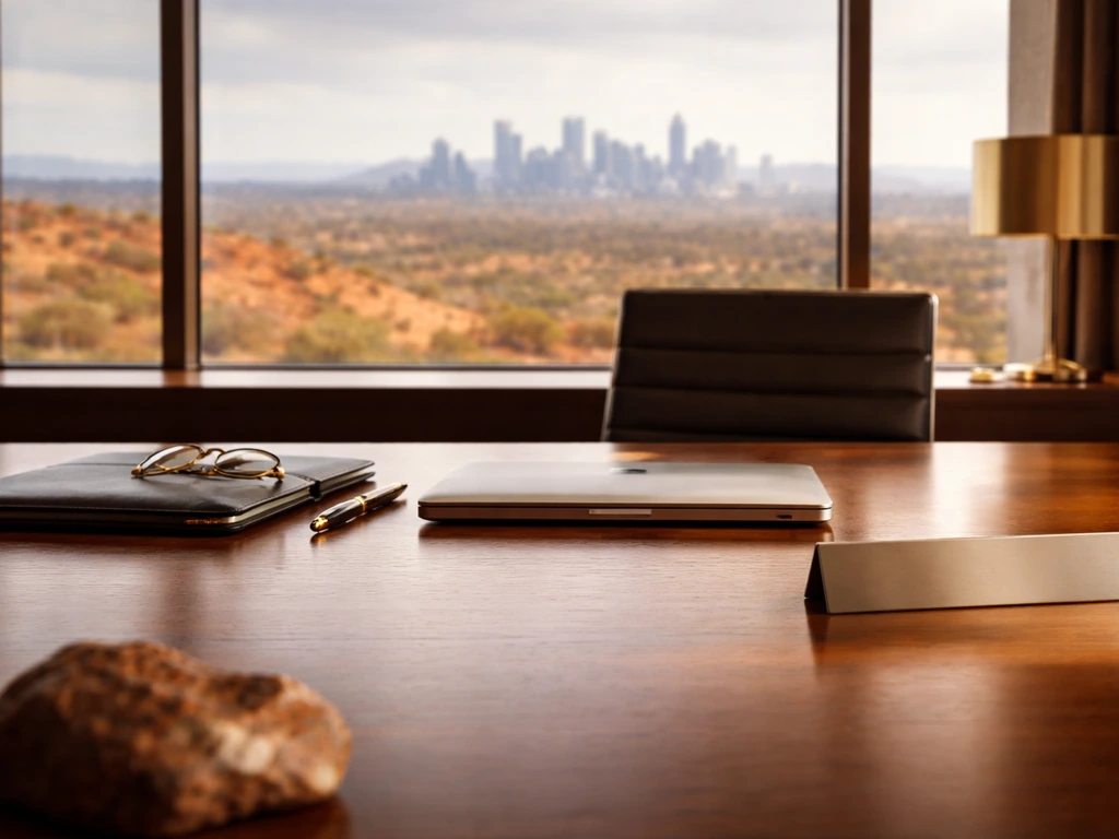 Empty luxury Australian office desk with gold accents and skyline view, symbolizing corporate wealth.