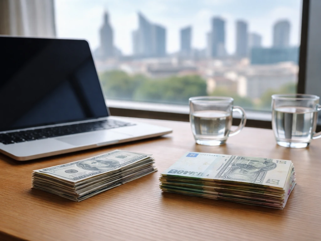 Minimal finance desk with an open laptop and two separate stacks of banknotes symbolizing currency differences.