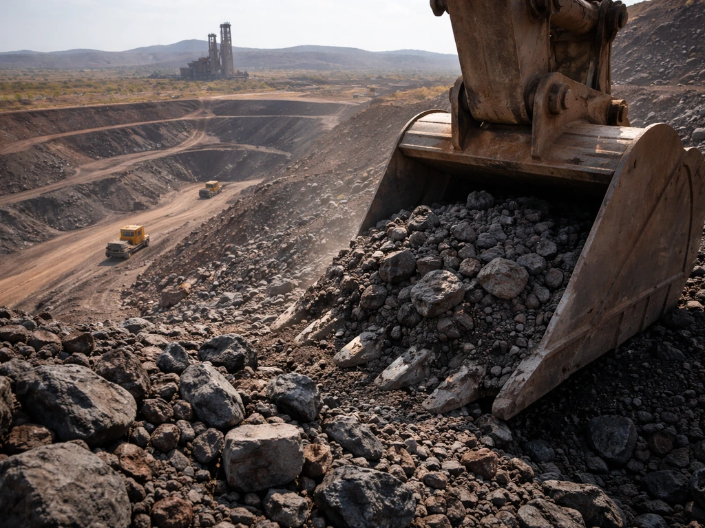 Open-pit iron ore mine with an excavator bucket filled with dark rock under natural light.