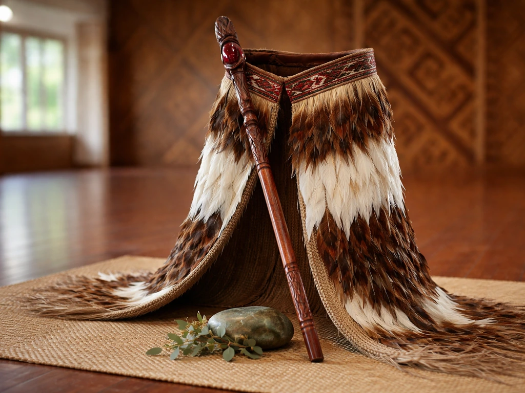 Regalia-inspired cloak and carved staff symbolizing Māori queen leadership in a quiet community hall.