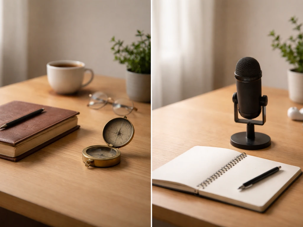 Minimal two-desk scene with antique compass and modern microphone, symbolizing two different eras/sources.