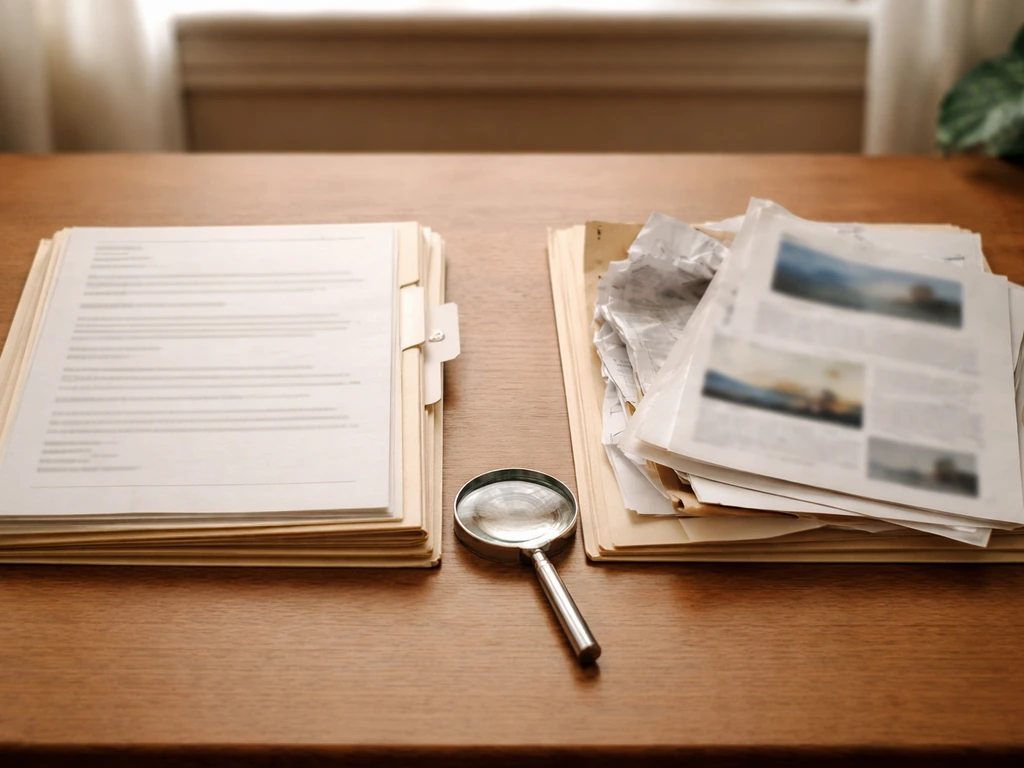 Side-by-side folders on a desk showing clean official documents vs messy papers for trust vs skip.