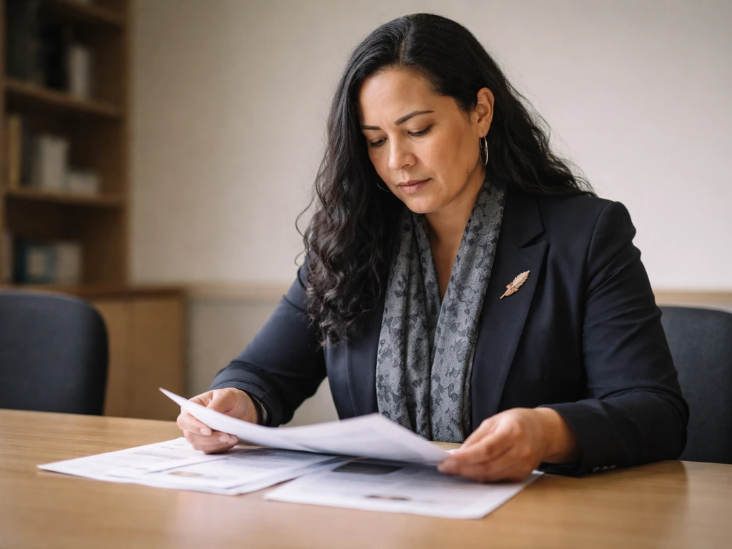 Anonymous Māori woman reviewing meeting materials in a quiet institutional office.