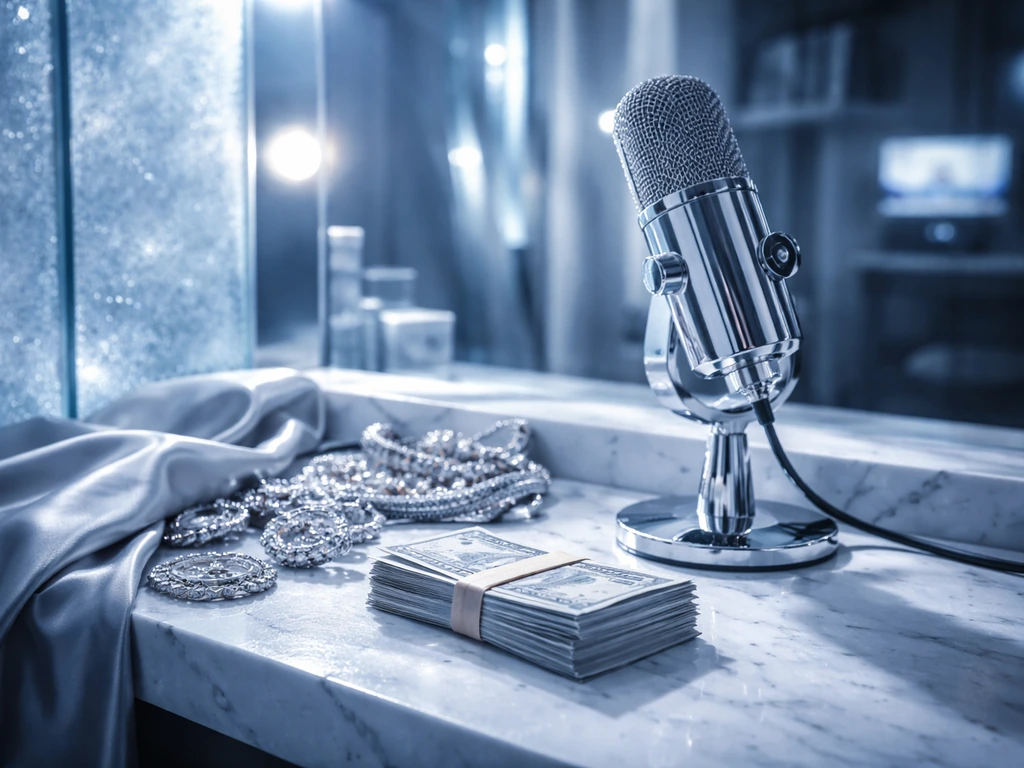 Frosty studio desk with a chrome microphone, icy blue glow, and cash wrapped near fashion accessories.