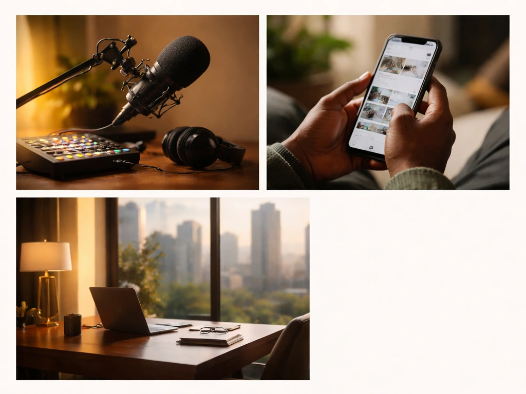 Minimal collage of studio microphone, smartphone social feed, and office skyline—symbolic identity verification cues.