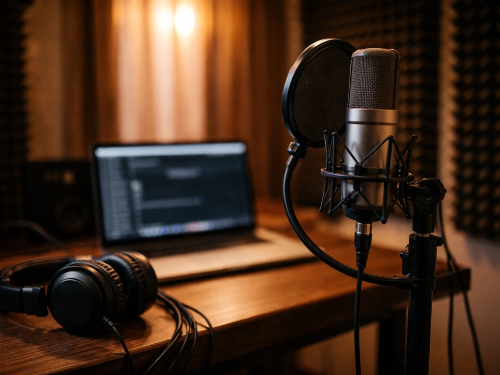 Studio microphone and headphones with blurred laptop playback screen, suggesting music recording and streaming revenue.