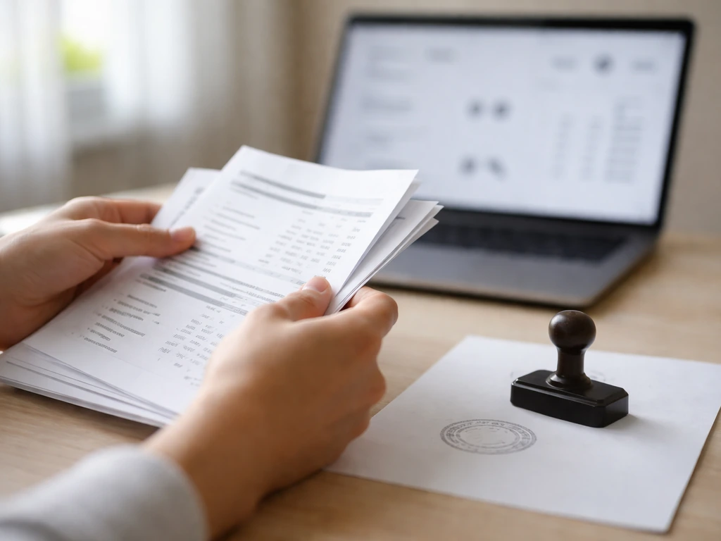 Hands reviewing financial documents near a laptop, with a stamped verification feel and calm workspace.