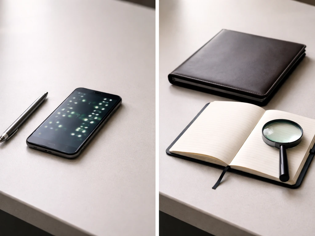 Split view of a desk with a smartphone stock quote glow and a ledger-style notebook for private valuation