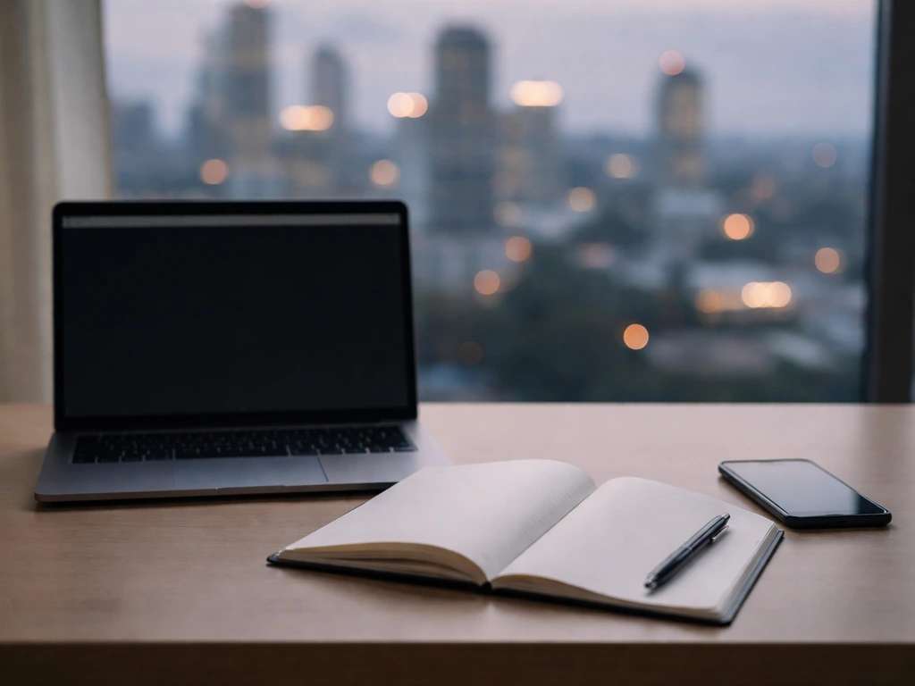 Minimal desk scene with laptop, blank notebook, and pen beside a phone, suggesting net-worth research.