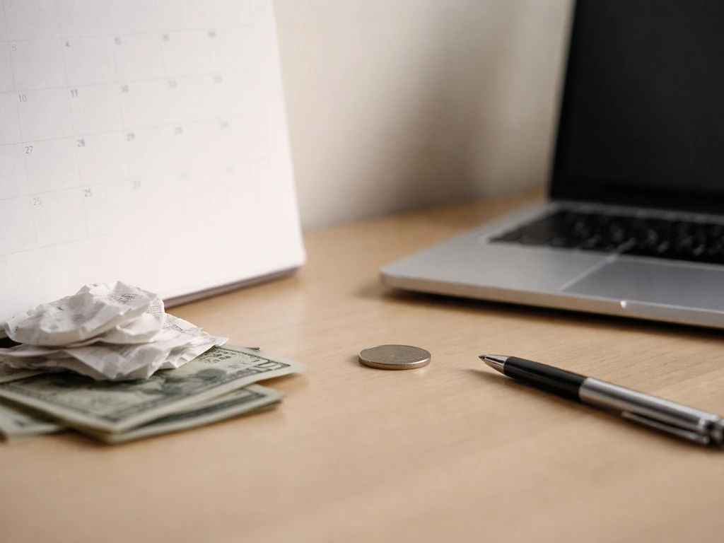 Close-up of a blurred calendar and crumpled bills beside an open laptop, suggesting missing dates and methods.