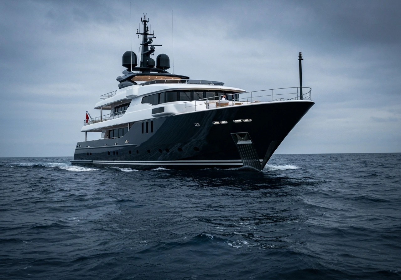 Dramatic view of a luxury superyacht at sea, representing wealth and analysis without showing any person
