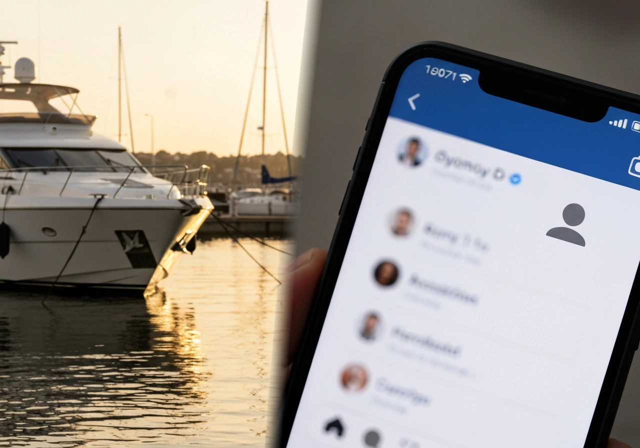 Split photo: a yacht in a marina and a blurred smartphone feed, symbolizing “Queen D” used two ways.