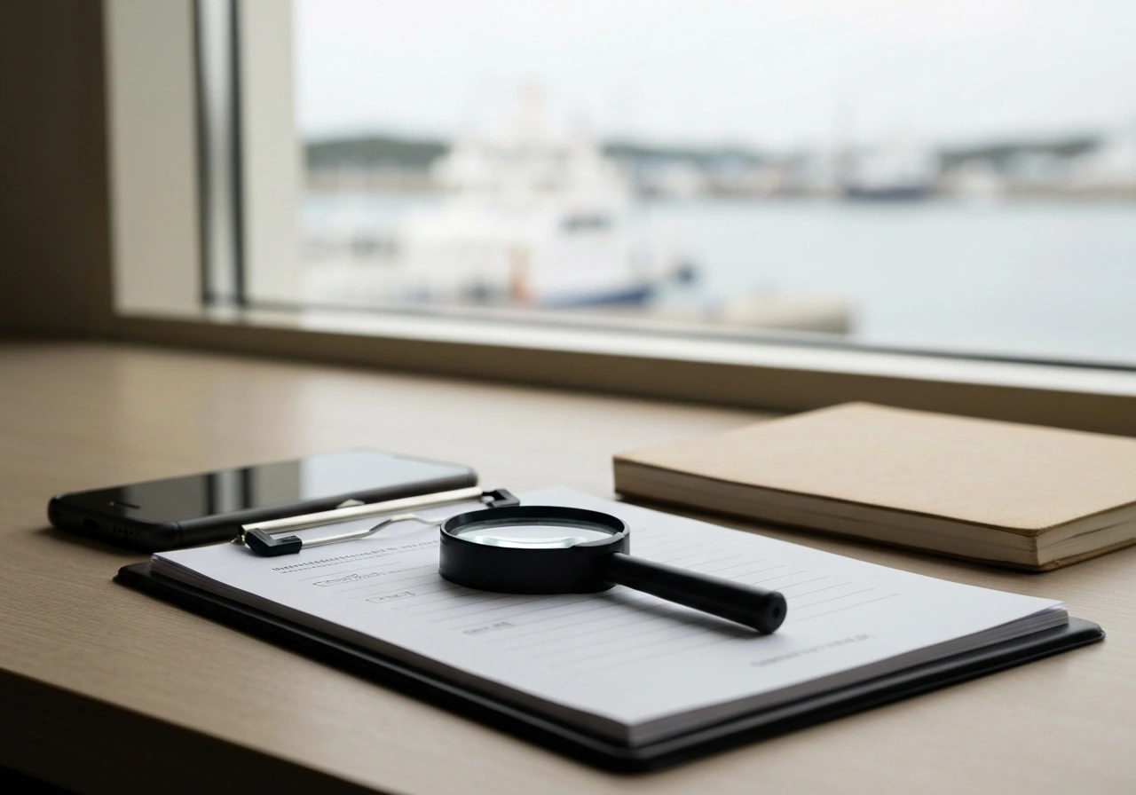 Close-up of a clipboard and magnifying glass on a desk, symbolizing verifying a maritime estimate
