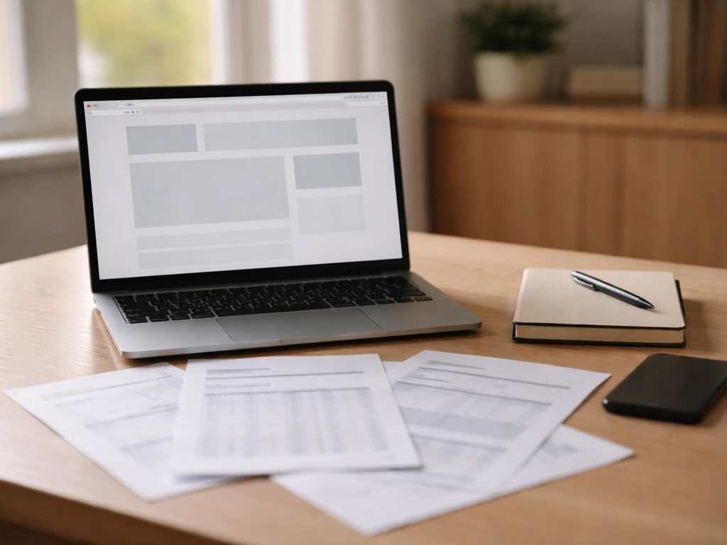 Minimal office desk with a laptop and printed documents, symbolizing sources for net worth estimates