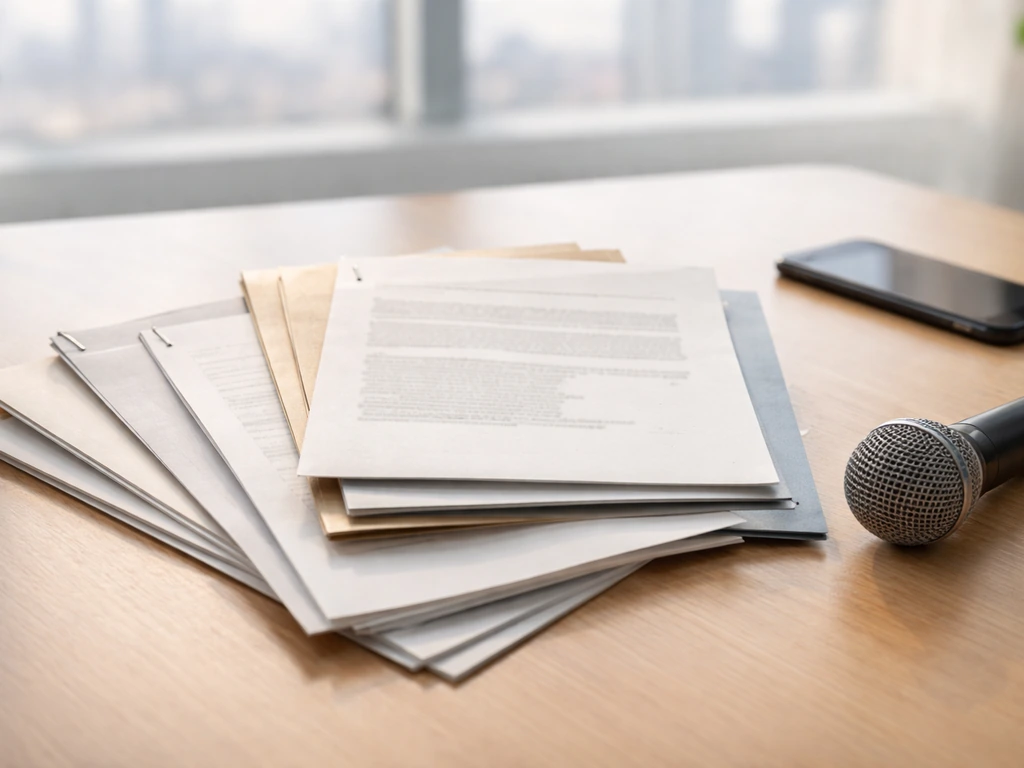 Minimal desk scene with assorted media clippings and envelopes suggesting reported deal benchmarks