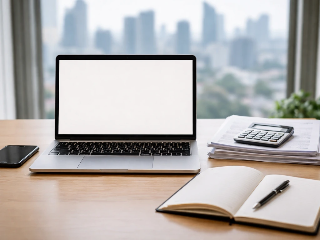 Open laptop on a desk with notes and documents beside a calculator, symbolizing net worth research workflow.