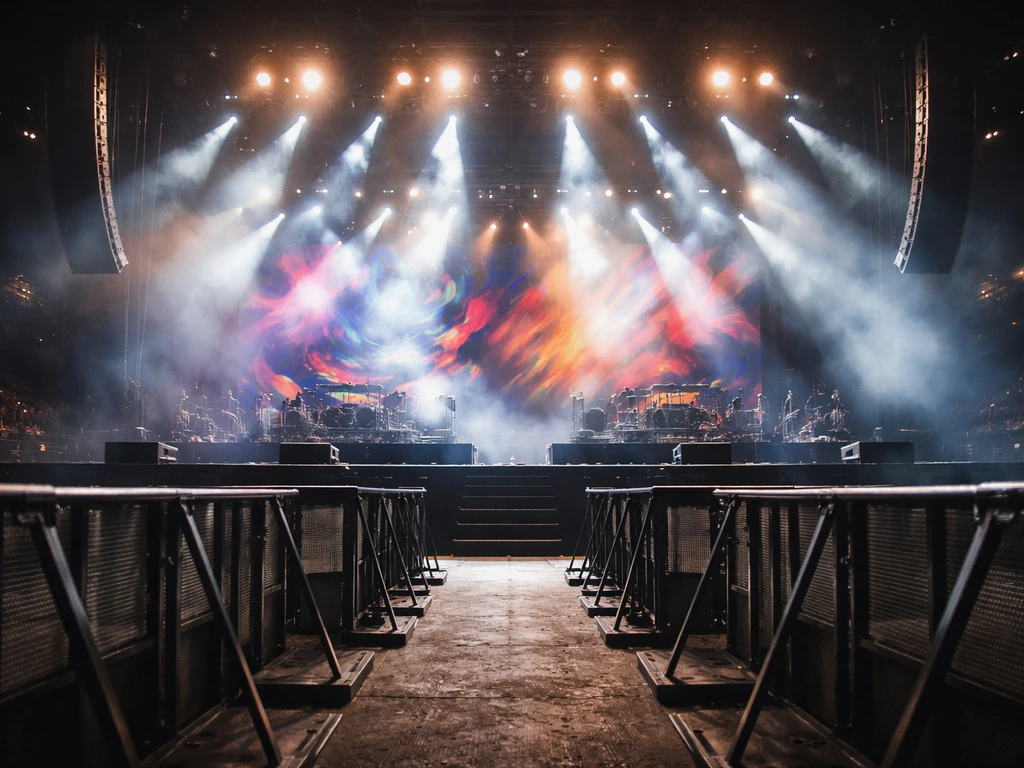 Stage-pit view of a brightly lit concert venue with tour-poster-like colorful visuals, no readable text.